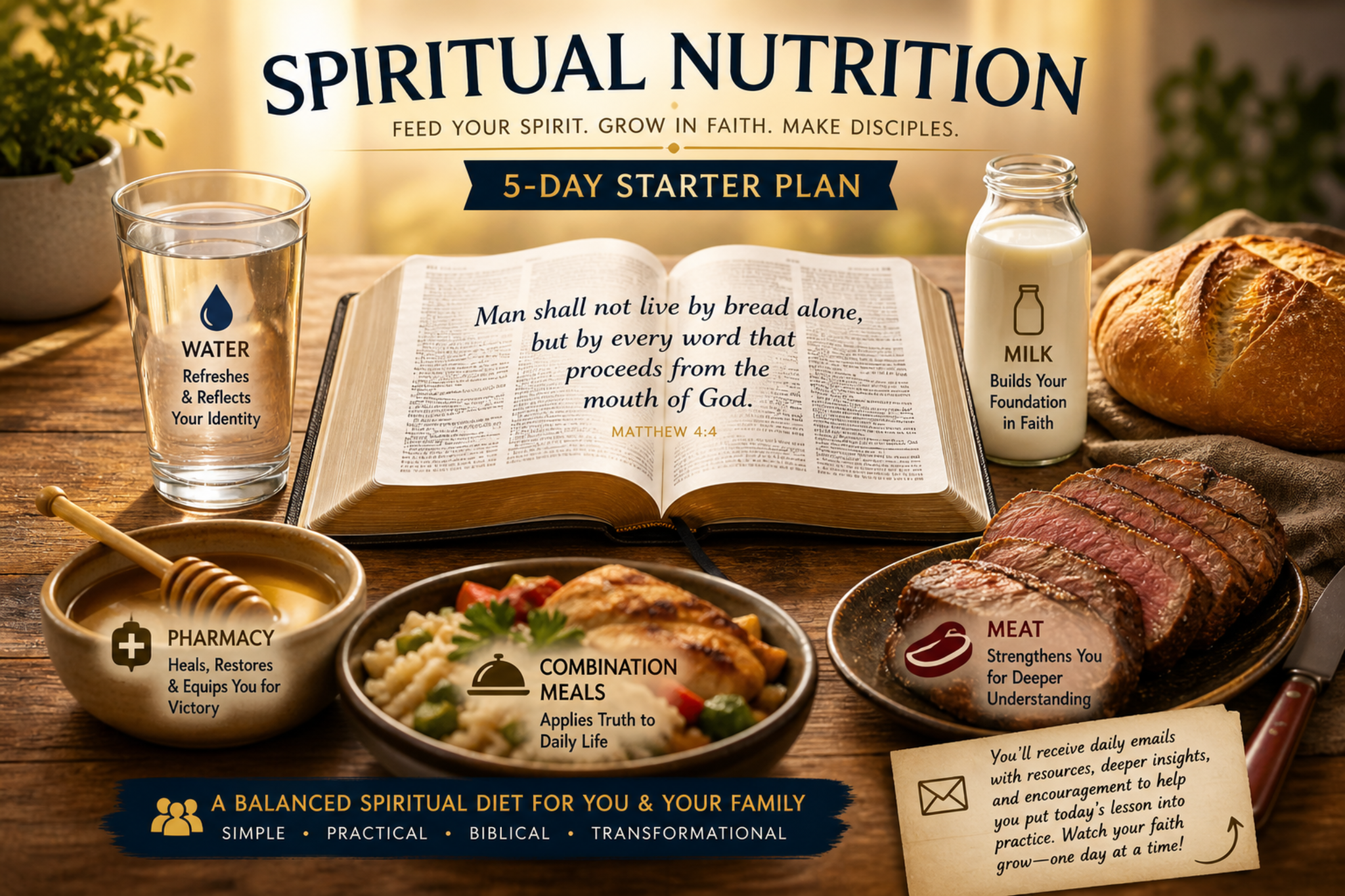 5-day Bible study plan showing spiritual growth with Bible, water, milk and meat