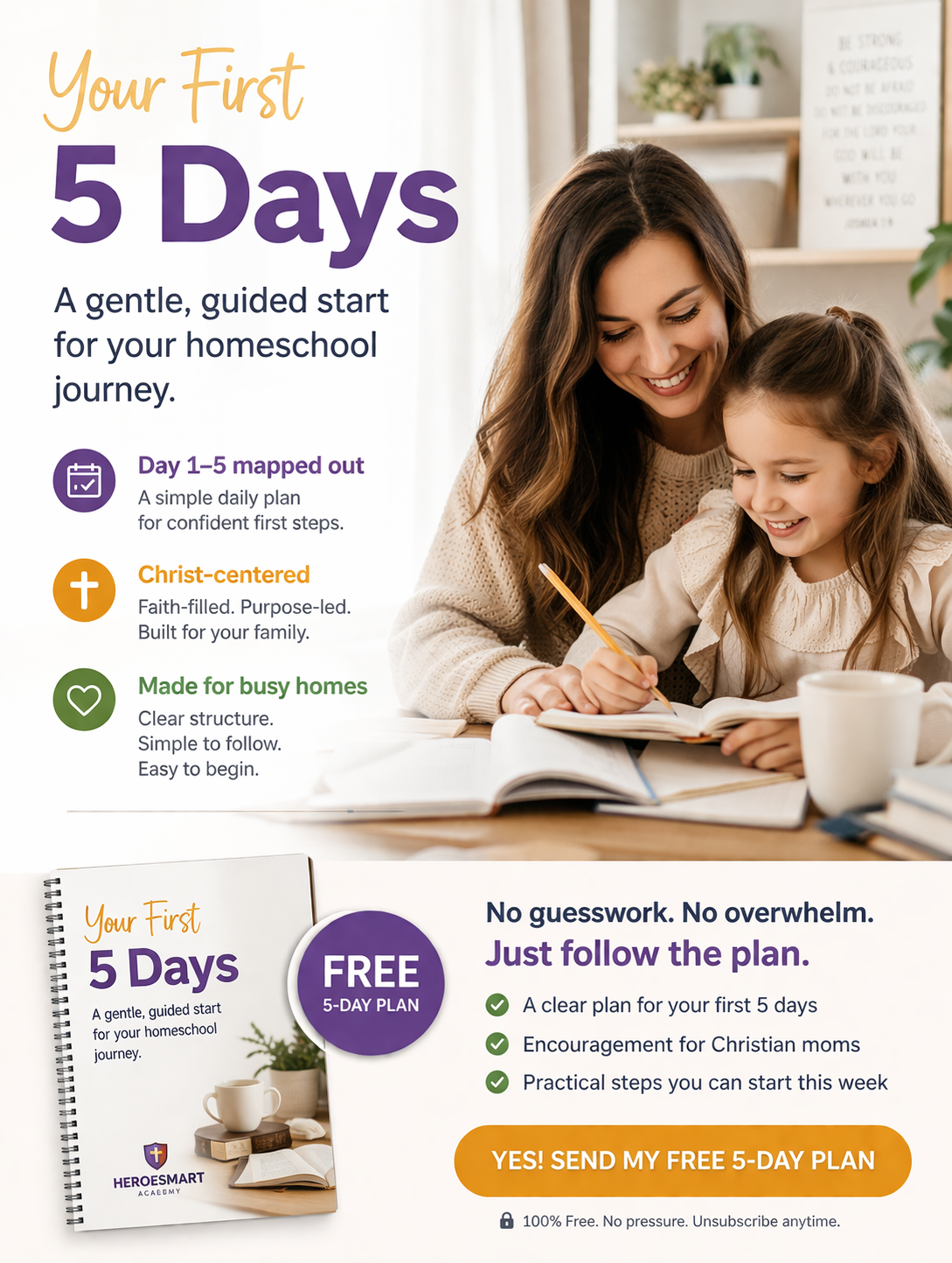 Christian homeschool mother teaching child at home